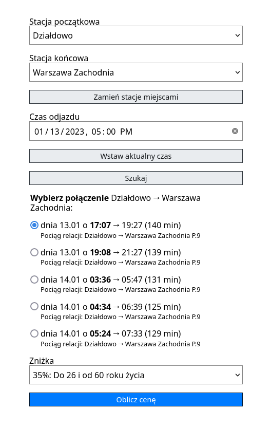 Screenshot showing a search form and departure times of trains